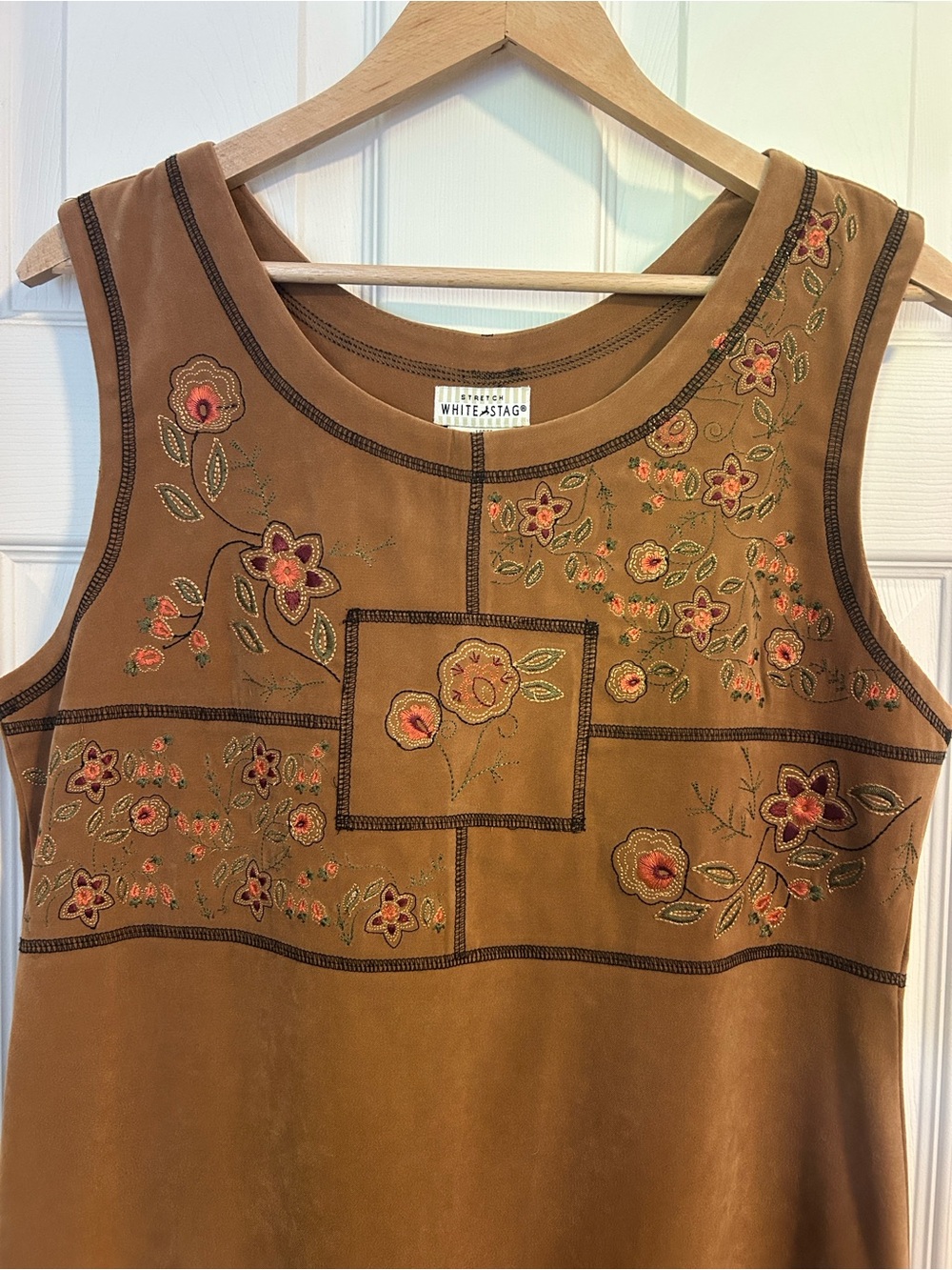 White Stag Brown Embroidered Floral Tank Top